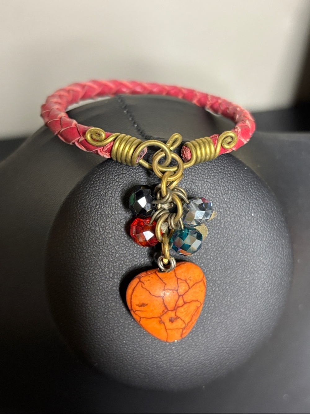 Vintage Handcrafted Braided Leather Boho Heart Charm Bracelet